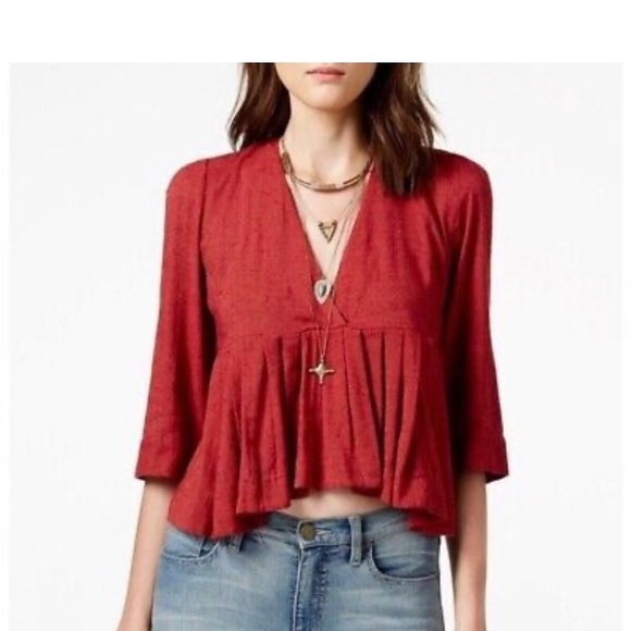 Free People Red Clay Henley crop ruffle deep V half sleeve top shirt medium - Picture 2 of 11